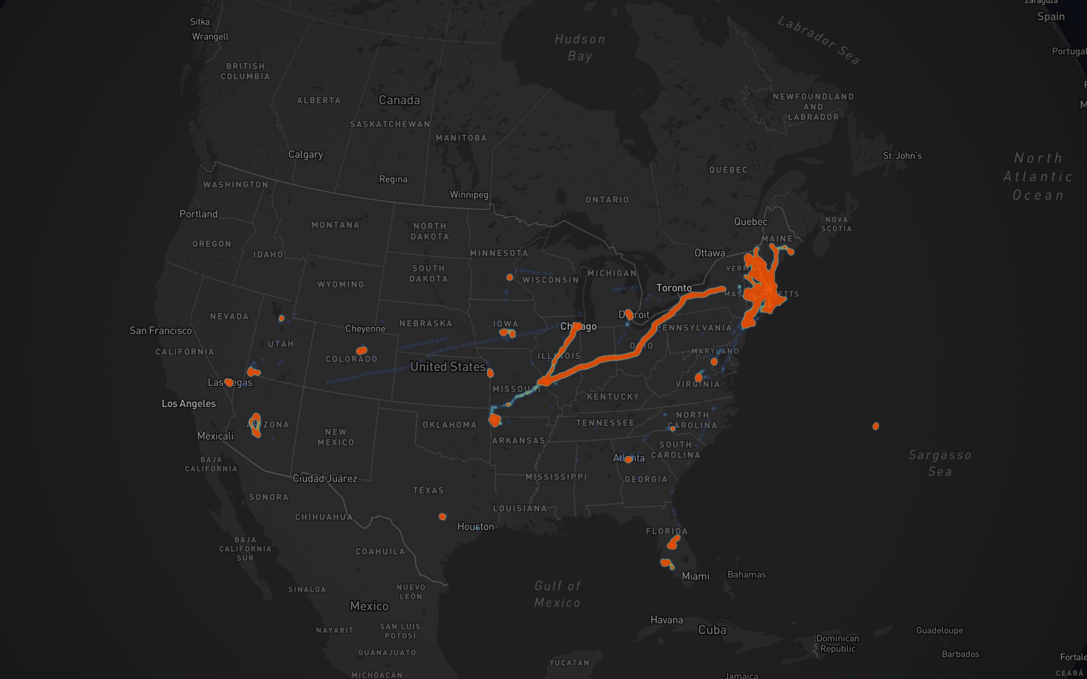 A decade of GPS movement rendered as a heatmap on a dark globe